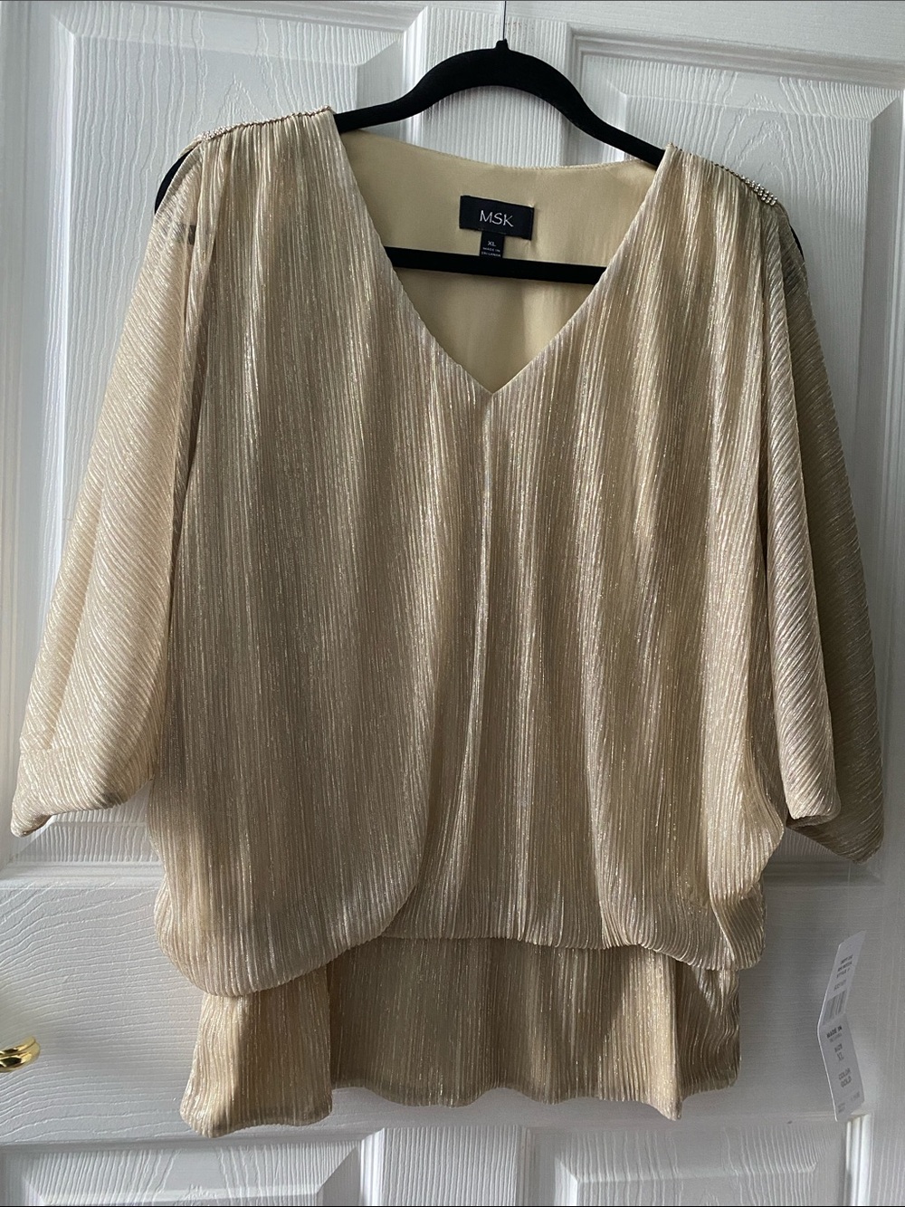 MSK Metallic Gold V-Neck Dolman Sleeve Elastic Waist Occasion Blouse